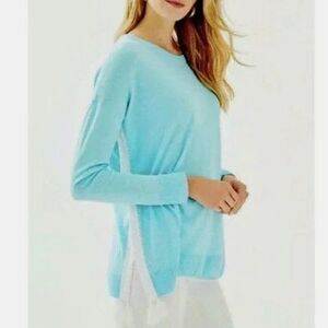 Lilly Pulitzer Coolmax Damara Sweater Size XL Blue Pullover Crochet Side Tassels